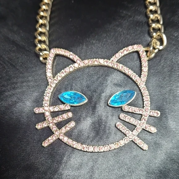 Betsey Johnson Pink Cat Face Necklace with Blue Crystal Eyes - Picture 1 of 3